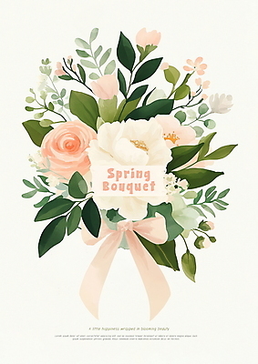 PSD 리본 분홍색 부케 잎 일러스트 사람없음 장미 봄 로맨틱 빈티지 국내일러스트 식물 계절 꽃 컬러 꽃다발 컨셉 파일형식