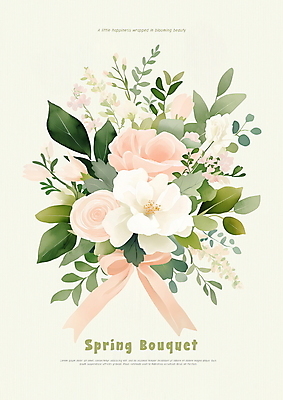 PSD 리본 분홍색 부케 잎 일러스트 사람없음 장미 봄 로맨틱 빈티지 국내일러스트 식물 계절 꽃 컬러 꽃다발 컨셉 파일형식