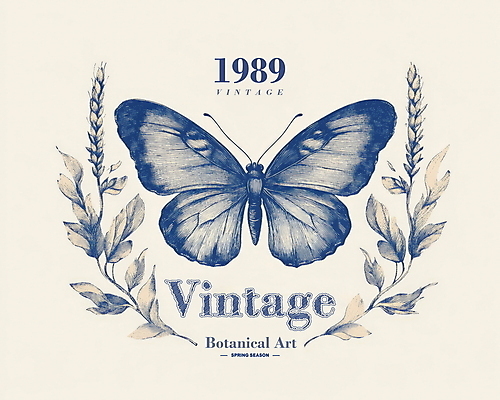PSD 나비 잎 일러스트 사람없음 봄 빈티지 고급 우아함 고풍 세련 국내일러스트 식물 계절 곤충 컨셉 파일형식