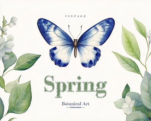 PSD 나비 잎 일러스트 사람없음 봄 빈티지 고급 우아함 고풍 세련 국내일러스트 식물 계절 곤충 컨셉 파일형식