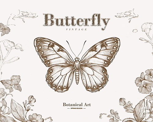 PSD 나비 잎 일러스트 봄꽃 사람없음 빈티지 고급 우아함 고풍 세련 국내일러스트 식물 꽃 곤충 컨셉 봄 파일형식