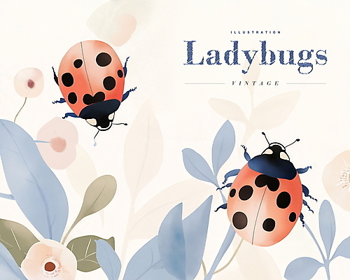 PSD 디자인 꽃 곤충 잎 일러스트 사람없음 파란색 빈티지 무당벌레 연분홍색 국내일러스트 식물 동물 분홍색 컬러 컨셉 파일형식