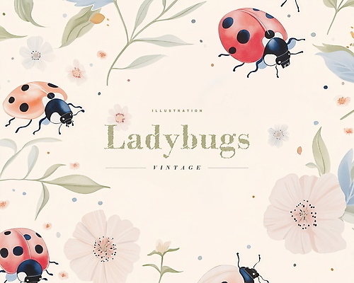 PSD 디자인 꽃 곤충 잎 일러스트 사람없음 파란색 빈티지 클래식 무당벌레 연분홍색 국내일러스트 식물 동물 분홍색 컬러 컨셉 파일형식