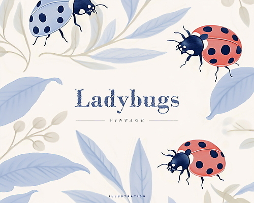 PSD 디자인 곤충 잎 일러스트 사람없음 파란색 빈티지 무당벌레 국내일러스트 식물 동물 컬러 컨셉 파일형식