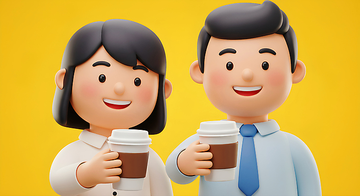 JPG 편집이미지 여자 남자 휴식 3D캐릭터 미소 들기 정장 상반신 성인 두명 노란색 직장인 동료 힐링 아메리카노 따뜻한음료 테이크아웃컵 성인만 편집3D AI컴퓨터그래픽 AI콘텐츠 직업 캐릭터 옷 커피 음료 컬러 컨셉 관계 모션 표정 사람 컵 3D 파일형식