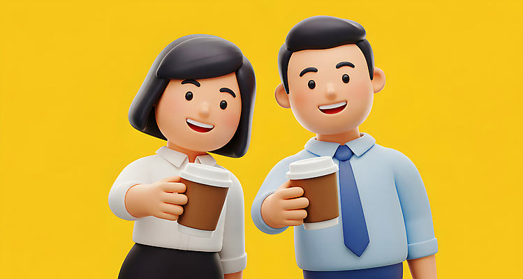 JPG 편집이미지 여자 남자 휴식 3D캐릭터 미소 들기 정장 상반신 성인 두명 노란색 직장인 동료 힐링 아메리카노 따뜻한음료 테이크아웃컵 성인만 편집3D AI컴퓨터그래픽 AI콘텐츠 직업 캐릭터 옷 커피 음료 컬러 컨셉 관계 모션 표정 사람 컵 3D 파일형식