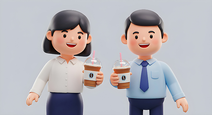 JPG 편집이미지 여자 남자 휴식 3D캐릭터 미소 들기 정장 성인 두명 회색 직장인 동료 힐링 아이스아메리카노 테이크아웃컵 성인만 편집3D AI컴퓨터그래픽 AI콘텐츠 직업 캐릭터 옷 컬러 컨셉 관계 모션 표정 사람 컵 3D 아메리카노 아이스커피 파일형식