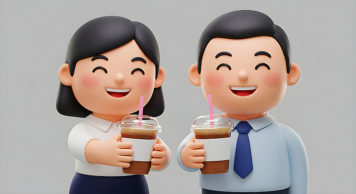 JPG 편집이미지 여자 남자 휴식 3D캐릭터 미소 들기 정장 상반신 성인 두명 회색 직장인 동료 힐링 아이스아메리카노 테이크아웃컵 성인만 편집3D AI컴퓨터그래픽 AI콘텐츠 직업 캐릭터 옷 컬러 컨셉 관계 모션 표정 사람 컵 3D 아메리카노 아이스커피 파일형식