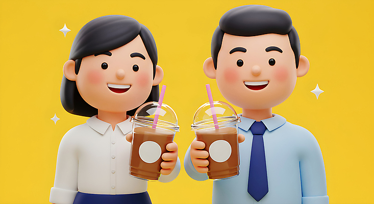 JPG 편집이미지 여자 남자 휴식 3D캐릭터 미소 들기 정장 상반신 성인 두명 반짝임 노란색 직장인 동료 힐링 아이스아메리카노 테이크아웃컵 성인만 편집3D AI컴퓨터그래픽 AI콘텐츠 직업 캐릭터 옷 컬러 컨셉 관계 모션 표정 사람 컵 3D 아메리카노 아이스커피 파일형식