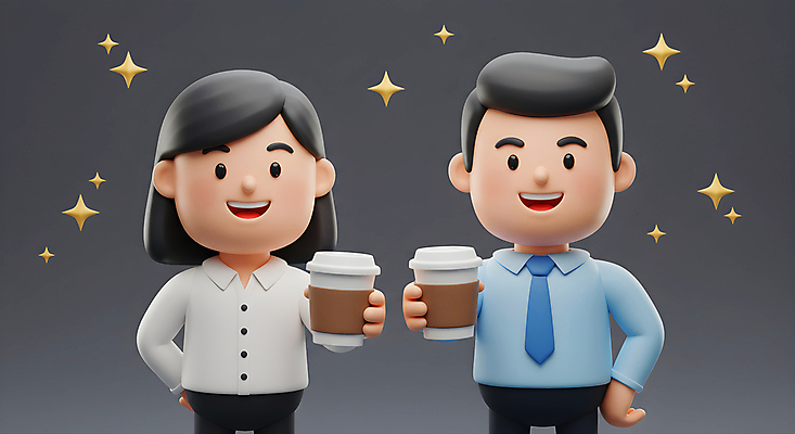 JPG 편집이미지 여자 남자 허리손 휴식 3D캐릭터 미소 들기 정장 상반신 성인 두명 반짝임 회색 직장인 동료 힐링 아메리카노 따뜻한음료 테이크아웃컵 성인만 편집3D AI컴퓨터그래픽 AI콘텐츠 직업 캐릭터 옷 커피 음료 컬러 포즈 컨셉 관계 모션 표정 사람 컵 3D 파일형식