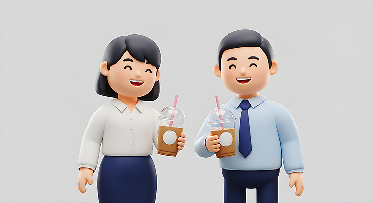 JPG 편집이미지 여자 남자 휴식 3D캐릭터 미소 들기 정장 성인 두명 회색 직장인 동료 힐링 아이스아메리카노 테이크아웃컵 성인만 편집3D AI컴퓨터그래픽 AI콘텐츠 직업 캐릭터 옷 컬러 컨셉 관계 모션 표정 사람 컵 3D 아메리카노 아이스커피 파일형식