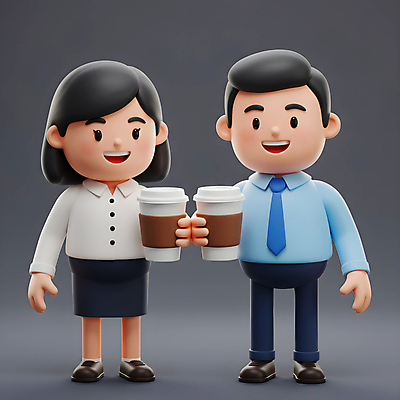 JPG 전신 편집이미지 여자 남자 휴식 3D캐릭터 미소 들기 정장 성인 두명 회색 직장인 동료 힐링 아메리카노 따뜻한음료 테이크아웃컵 성인만 편집3D AI컴퓨터그래픽 AI콘텐츠 직업 캐릭터 옷 커피 음료 컬러 컨셉 관계 모션 표정 사람 컵 3D 파일형식
