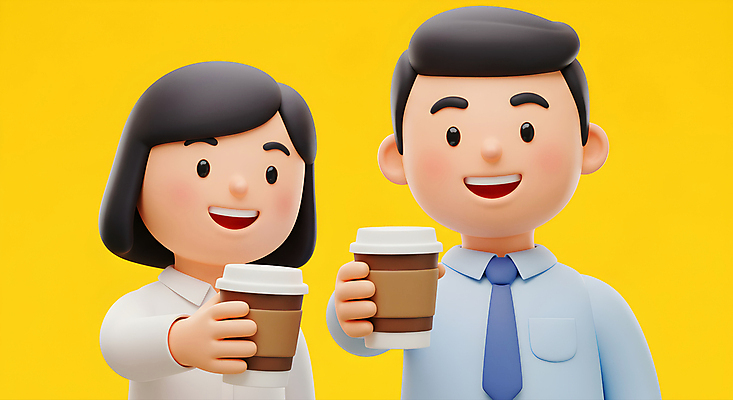 JPG 편집이미지 여자 남자 휴식 3D캐릭터 미소 들기 정장 상반신 성인 두명 노란색 직장인 동료 힐링 아메리카노 따뜻한음료 테이크아웃컵 성인만 편집3D AI컴퓨터그래픽 AI콘텐츠 직업 캐릭터 옷 커피 음료 컬러 컨셉 관계 모션 표정 사람 컵 3D 파일형식