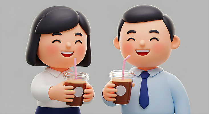 JPG 편집이미지 여자 남자 휴식 3D캐릭터 미소 들기 정장 상반신 성인 두명 회색 직장인 동료 힐링 아이스아메리카노 테이크아웃컵 성인만 편집3D AI컴퓨터그래픽 AI콘텐츠 직업 캐릭터 옷 컬러 컨셉 관계 모션 표정 사람 컵 3D 아메리카노 아이스커피 파일형식