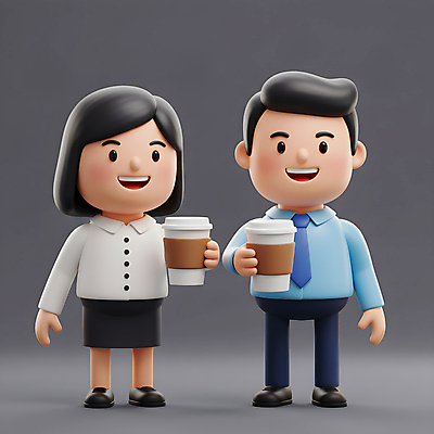 JPG 전신 편집이미지 여자 남자 휴식 3D캐릭터 미소 들기 정장 성인 두명 회색 직장인 동료 힐링 아메리카노 따뜻한음료 테이크아웃컵 성인만 편집3D AI컴퓨터그래픽 AI콘텐츠 직업 캐릭터 옷 커피 음료 컬러 컨셉 관계 모션 표정 사람 컵 3D 파일형식