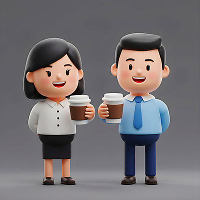 JPG 전신 편집이미지 여자 남자 휴식 3D캐릭터 미소 들기 정장 성인 두명 회색 직장인 동료 힐링 아메리카노 따뜻한음료 테이크아웃컵 성인만 편집3D AI컴퓨터그래픽 AI콘텐츠 직업 캐릭터 옷 커피 음료 컬러 컨셉 관계 모션 표정 사람 컵 3D 파일형식