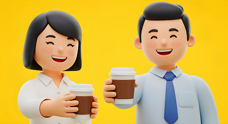 JPG 편집이미지 여자 남자 휴식 3D캐릭터 미소 들기 정장 상반신 성인 두명 노란색 직장인 동료 힐링 아메리카노 따뜻한음료 테이크아웃컵 성인만 편집3D AI컴퓨터그래픽 AI콘텐츠 직업 캐릭터 옷 커피 음료 컬러 컨셉 관계 모션 표정 사람 컵 3D 파일형식