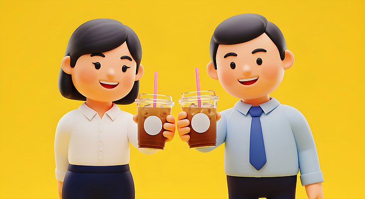 JPG 편집이미지 여자 남자 휴식 3D캐릭터 미소 들기 정장 상반신 성인 두명 노란색 직장인 동료 힐링 아이스아메리카노 테이크아웃컵 성인만 편집3D AI컴퓨터그래픽 AI콘텐츠 직업 캐릭터 옷 컬러 컨셉 관계 모션 표정 사람 컵 3D 아메리카노 아이스커피 파일형식