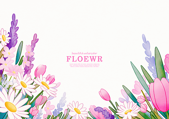 PSD 분홍색 잎 꽃밭 일러스트 프레임 사람없음 봄 튤립 데이지 라벤더 꽃프레임 국내일러스트 식물 계절 꽃 컬러 허브 파일형식