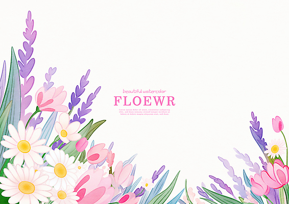 PSD 분홍색 잎 꽃밭 일러스트 프레임 사람없음 봄 튤립 데이지 라벤더 꽃프레임 국내일러스트 식물 계절 꽃 컬러 허브 파일형식