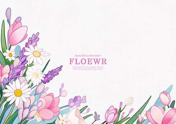 PSD 분홍색 잎 꽃밭 일러스트 프레임 사람없음 봄 튤립 데이지 라벤더 꽃프레임 국내일러스트 식물 계절 꽃 컬러 허브 파일형식