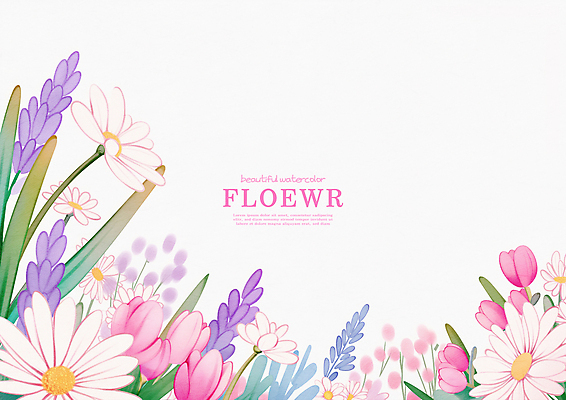 PSD 분홍색 잎 꽃밭 일러스트 프레임 사람없음 봄 튤립 데이지 라벤더 꽃프레임 국내일러스트 식물 계절 꽃 컬러 허브 파일형식