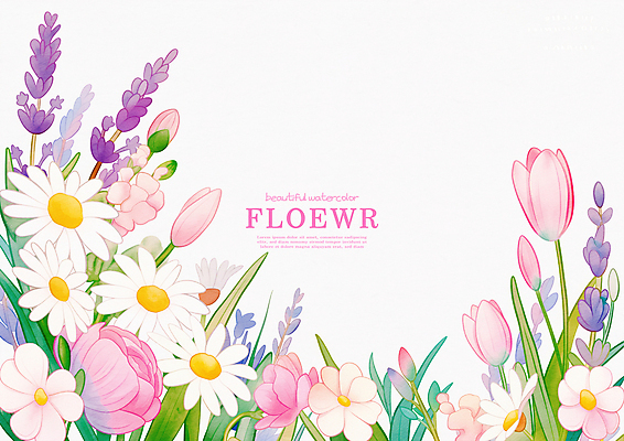 PSD 분홍색 잎 꽃밭 일러스트 프레임 사람없음 봄 튤립 데이지 라벤더 꽃프레임 국내일러스트 식물 계절 꽃 컬러 허브 파일형식