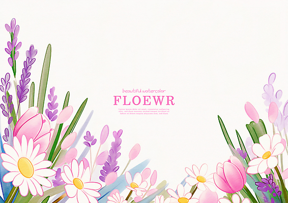 PSD 분홍색 잎 꽃밭 일러스트 프레임 사람없음 봄 튤립 데이지 라벤더 꽃프레임 국내일러스트 식물 계절 꽃 컬러 허브 파일형식