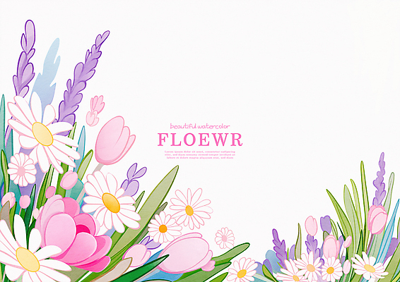 PSD 분홍색 잎 꽃밭 일러스트 프레임 사람없음 봄 튤립 데이지 라벤더 꽃프레임 국내일러스트 식물 계절 꽃 컬러 허브 파일형식