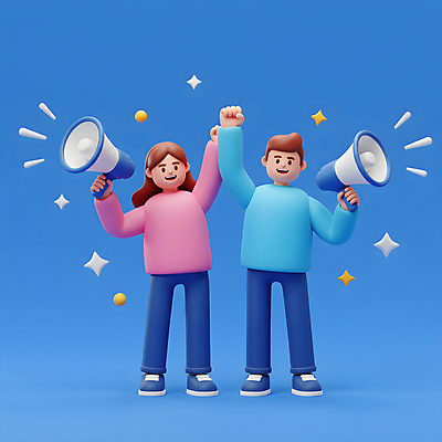 JPG 전신 편집이미지 여자 남자 응원 협력 미소 들기 성인 두명 파란색 반짝임 3D 손들기 확성기 외침 만세 열정 활기 소통 연대 성인만 편집3D AI컴퓨터그래픽 AI콘텐츠 감정 컬러 컨셉 모션 표정 사람 소리 디지털합성 파일형식