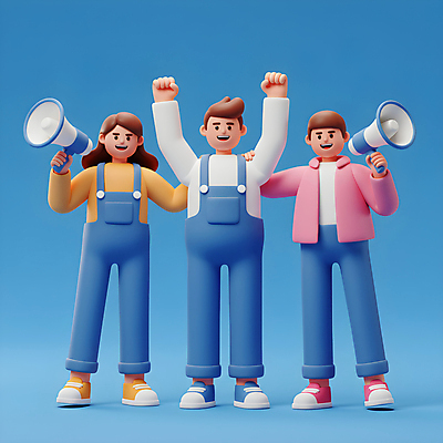 JPG 전신 편집이미지 여자 남자 응원 협력 미소 들기 성인 세명 파란색 3D 손들기 확성기 외침 만세 멜빵바지 열정 활기 소통 연대 성인만 어깨에손 편집3D AI컴퓨터그래픽 AI콘텐츠 감정 컬러 컨셉 바지 모션 표정 사람 소리 멜빵 디지털합성 파일형식