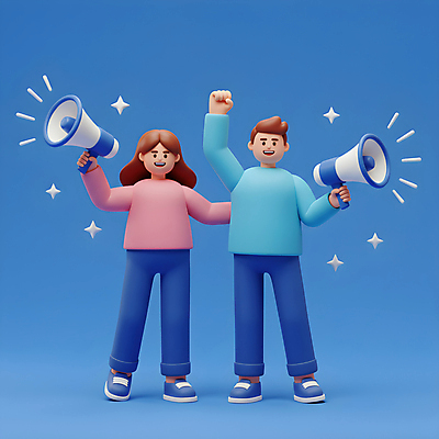 JPG 전신 편집이미지 여자 남자 응원 협력 미소 들기 성인 두명 파란색 반짝임 3D 손들기 확성기 외침 만세 열정 활기 소통 연대 성인만 편집3D AI컴퓨터그래픽 AI콘텐츠 감정 컬러 컨셉 모션 표정 사람 소리 디지털합성 파일형식