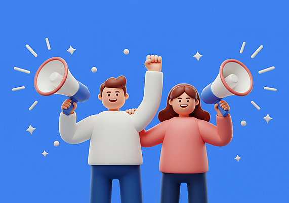 JPG 편집이미지 여자 남자 응원 협력 미소 들기 성인 두명 파란색 반짝임 3D 손들기 확성기 외침 만세 열정 활기 소통 연대 성인만 어깨에손 편집3D AI컴퓨터그래픽 AI콘텐츠 감정 컬러 컨셉 모션 표정 사람 소리 디지털합성 파일형식