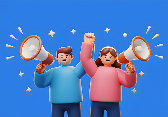 JPG 편집이미지 여자 남자 응원 협력 미소 들기 성인 두명 파란색 반짝임 3D 손들기 확성기 외침 만세 열정 활기 소통 연대 성인만 편집3D AI컴퓨터그래픽 AI콘텐츠 감정 컬러 컨셉 모션 표정 사람 소리 디지털합성 파일형식