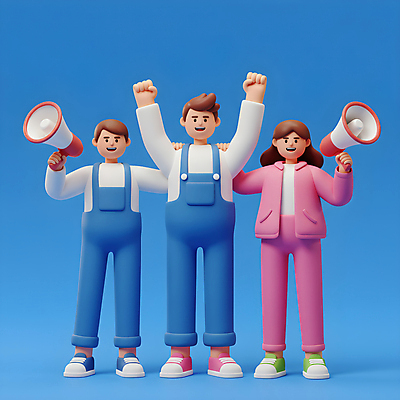JPG 전신 편집이미지 여자 남자 응원 협력 미소 들기 성인 세명 파란색 3D 손들기 확성기 외침 만세 멜빵바지 열정 활기 소통 연대 성인만 어깨에손 편집3D AI컴퓨터그래픽 AI콘텐츠 감정 컬러 컨셉 바지 모션 표정 사람 소리 멜빵 디지털합성 파일형식