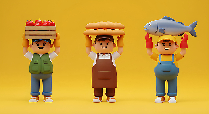 JPG 전신 편집이미지 남자 음식 3D캐릭터 어류 들기 성인 세명 노란색 3D 앞치마 사과 바게트 농부 나무상자 어부 고무장갑 사과상자 제빵사 캡모자 성인남자만 들어올리기 소상공인 편집3D AI컴퓨터그래픽 AI콘텐츠 직업 캐릭터 모자_잡화 빵 컬러 장갑 과일 모션 사람 경제 상자 수중동물 상인 디지털합성 고무 남자만 성인만 파일형식