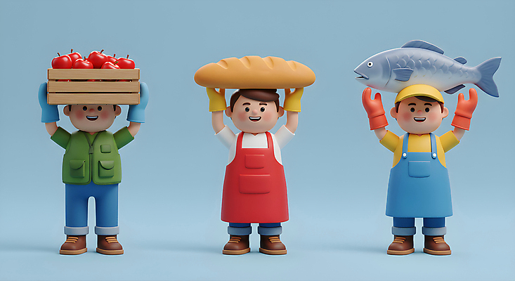 JPG 전신 편집이미지 남자 음식 하늘색 3D캐릭터 어류 들기 성인 세명 3D 앞치마 사과 바게트 농부 나무상자 어부 고무장갑 사과상자 캡모자 성인남자만 들어올리기 소상공인 편집3D AI컴퓨터그래픽 AI콘텐츠 직업 캐릭터 모자_잡화 빵 장갑 과일 모션 사람 경제 파란색 상자 수중동물 상인 디지털합성 고무 남자만 성인만 파일형식