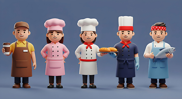 JPG 전신 편집이미지 여자 남자 커피 빵 허리손 쟁반 3D캐릭터 요리사모자 어류 들기 여러명 성인 3D 주방장 스카프 앞치마 머리띠 농부 조리복 남색 어부 바리스타 일식요리사 제빵사 캡모자 테이크아웃컵 성인만 소상공인 편집3D AI컴퓨터그래픽 AI콘텐츠 직업 캐릭터 모자_잡화 음료 음식 컬러 포즈 다수 유니폼 장신구 모션 사람 컵 경제 요리사 목도리 수중동물 상인 디지털합성 파일형식