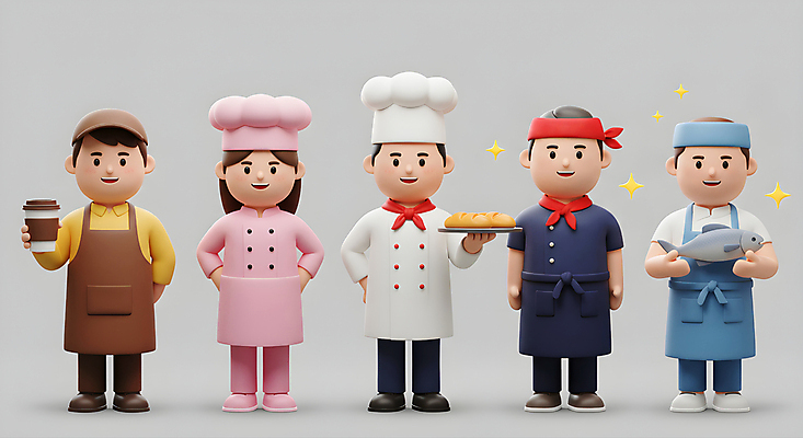 JPG 전신 편집이미지 여자 남자 커피 빵 허리손 쟁반 3D캐릭터 요리사모자 어류 들기 여러명 성인 반짝임 3D 주방장 앞치마 회색 머리띠 농부 조리복 어부 바리스타 일식요리사 제빵사 캡모자 테이크아웃컵 성인만 소상공인 편집3D AI컴퓨터그래픽 AI콘텐츠 직업 캐릭터 모자_잡화 음료 음식 컬러 포즈 다수 유니폼 장신구 모션 사람 컵 경제 요리사 수중동물 상인 디지털합성 파일형식