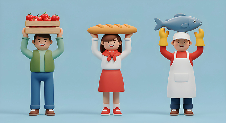 JPG 전신 편집이미지 여자 남자 하늘색 3D캐릭터 어류 들기 성인 세명 3D 스카프 앞치마 사과 바게트 농부 나무상자 어부 고무장갑 사과박스 제빵사 성인만 들어올리기 소상공인 편집3D AI컴퓨터그래픽 AI콘텐츠 직업 캐릭터 빵 장갑 과일 모션 사람 경제 파란색 상자 목도리 수중동물 상인 디지털합성 고무 파일형식