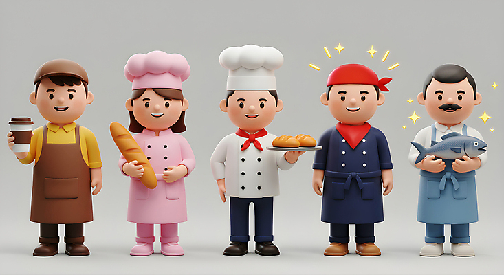 JPG 전신 편집이미지 여자 남자 커피 빵 3D캐릭터 요리사모자 두건 어류 들기 여러명 성인 반짝임 3D 주방장 앞치마 회색 농부 조리복 어부 바리스타 일식요리사 제빵사 캡모자 테이크아웃컵 성인만 소상공인 편집3D AI컴퓨터그래픽 AI콘텐츠 직업 캐릭터 모자_잡화 음료 음식 컬러 다수 유니폼 모션 사람 컵 경제 요리사 수중동물 상인 디지털합성 파일형식