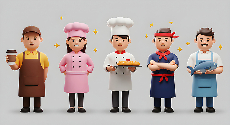 JPG 전신 편집이미지 여자 남자 커피 빵 쟁반 3D캐릭터 요리사모자 어류 들기 여러명 성인 반짝임 3D 주방장 앞치마 회색 머리띠 농부 조리복 어부 바리스타 일식요리사 제빵사 캡모자 테이크아웃컵 성인만 소상공인 편집3D AI컴퓨터그래픽 AI콘텐츠 직업 캐릭터 모자_잡화 음료 음식 컬러 다수 유니폼 장신구 모션 사람 컵 경제 요리사 수중동물 상인 디지털합성 파일형식