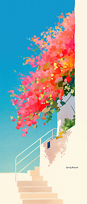 JPG 꽃 벽 여행 일러스트 난간 하늘 그림자 사람없음 계단 풀잎 감성 국내일러스트 AI일러스트 AI콘텐츠 식물 컨셉 잎 풀_식물 파일형식