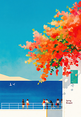 JPG 전신 여자 남자 꽃 바다 일러스트 조류 하늘 그림자 여러명 성인 건물 울타리 풀잎 감성 성인만 국내일러스트 AI일러스트 AI콘텐츠 식물 동물 건축물 다수 컨셉 잎 사람 담장 풀_식물 파일형식