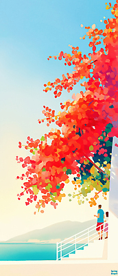 JPG 전신 여자 남자 꽃 어린이 벽 바다 섬 여행 일러스트 난간 하늘 소녀 성인 두명 계단 풀잎 감성 부녀 국내일러스트 AI일러스트 AI콘텐츠 식물 딸 컨셉 잎 가족 사람 풀_식물 아빠 파일형식