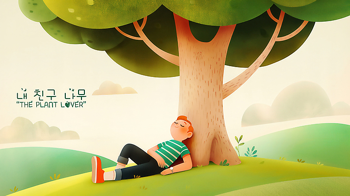 PSD 나무 구름 남자 일러스트 휴식 한명 앉기 성인 평화 눈감음 기댐 언덕 낮잠 성인남자한명만 국내일러스트 자연요소 식물 1 컨셉 모션 사람 잠 남자한명만 성인남자만 파일형식