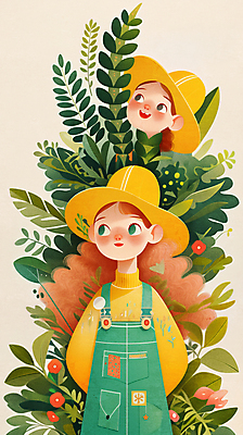 JPG 모자 여자 꽃 어린이 일러스트 미소 소녀 상반신 두명 풀잎 나무심기 소녀만 국내일러스트 AI일러스트 AI콘텐츠 식물 잡화 잎 표정 사람 풀_식물 심기 여자만 어린이만 파일형식