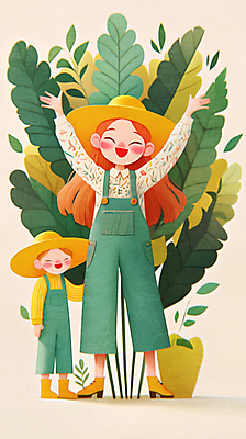 JPG 전신 모자 여자 남자 어린이 일러스트 미소 소년 성인 두명 만세 풀잎 나무심기 국내일러스트 AI일러스트 AI콘텐츠 잡화 잎 모션 표정 사람 풀_식물 심기 파일형식