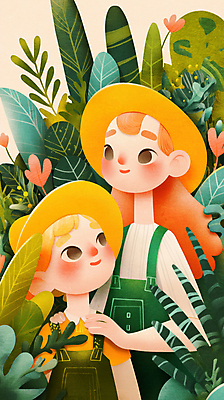 JPG 모자 여자 어린이 일러스트 미소 소녀 상반신 성인 두명 풀잎 나무심기 소녀만 어깨에손 국내일러스트 AI일러스트 AI콘텐츠 잡화 잎 모션 표정 사람 풀_식물 심기 여자만 어린이만 파일형식