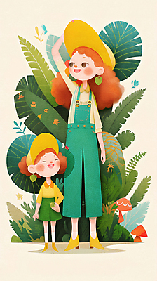 JPG 전신 모자 여자 어린이 일러스트 미소 소녀 성인 두명 손들기 버섯 풀잎 나무심기 소녀만 국내일러스트 AI일러스트 AI콘텐츠 잡화 잎 모션 표정 사람 풀_식물 심기 여자만 어린이만 파일형식